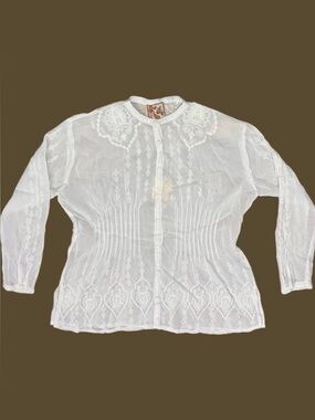Johnny Was Sz S Blouse White Lace Embroidered Button Up Top Boho Minimalist.